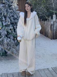 DAZY 女士几何纹理落肩拉链连帽卫衣和裤子休闲宽松两件套家居服套装 - 白色 - 查看 8