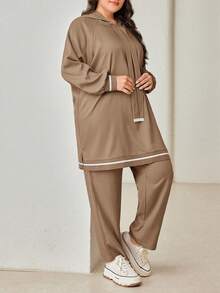 Veilorie 2 Pieces Set Plus Size Solid Color Hooded Sweatshirt And Pants 2 Pieces Set - Khaki - View 4