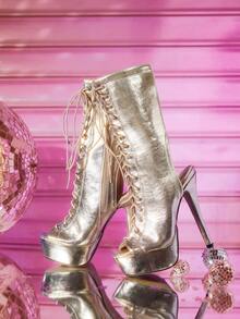 CUCCOO LuxiPop Cizme de damă cu toc înalt și fermoar lateral, cu textură metalică și talpă groasă, la modă, până la jumătatea gambei - Aur - Vizualizare 3