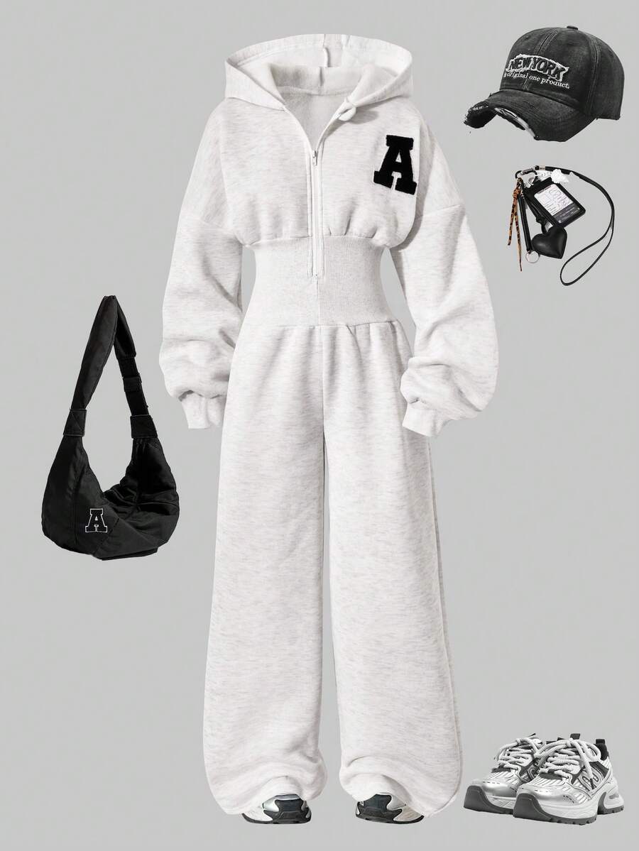 Sparklyn Bộ 1 áo nỉ có mũ trùm đầu màu hồng tươi sáng có khóa kéo và quần cạp cao chải kỹ cho bé gái, dáng rộng, thêu chữ, phù hợp cho thể thao, trường học, trang phục dạo phố, mùa xuân/thu/đông - Xám - Xem 1