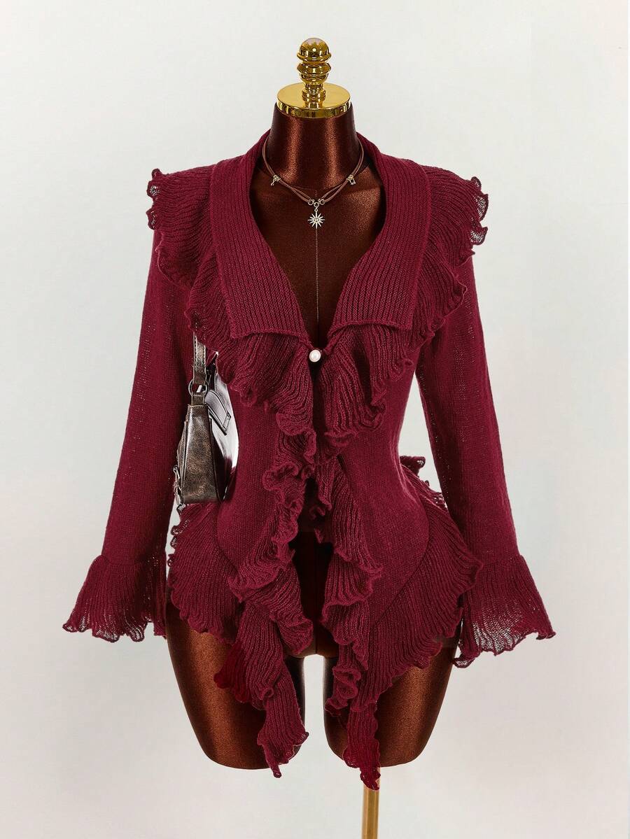 Áo khoác cardigan tay loe xếp nếp thời trang thu đông gợi cảm và ngọt ngào Amplova Plus Size dành cho nữ, hàng mới về, áo cardigan đỏ cho nữ, áo cardigan đầm cho nữ, trang phục mùa thu cho nữ, áo kiểu màu đỏ tía cho nữ. - Màu Đỏ Sâu - Xem 1