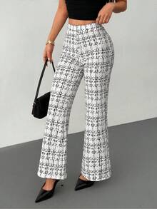 SHEIN PETITE 夏季优雅女士格子印花弹力针织裤，适合多种场合，包括夏季度假、优雅旅行和日常通勤。 - 白色 - 查看 6