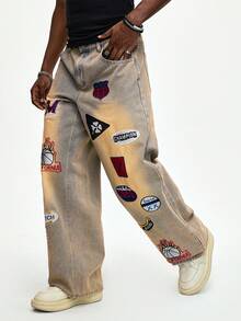 ROMWE MEN Men's Letter Embroidered Patch Pocket Wide Leg Loose Jeans - Bronze - View 4