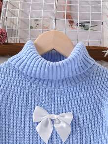 Vestido de suéter de punto con cuello alto y lazo para niñas preadolescentes - Azul - Ver 3