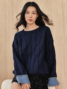 DAZY 女款休閒日常通勤落肩寬鬆麻花針織毛衣，秋冬校園風 - 霧霾藍 - 查看 4