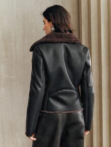 Anewsta Women's Black PU Leather Jacket With Faux Rabbit Fur Collar