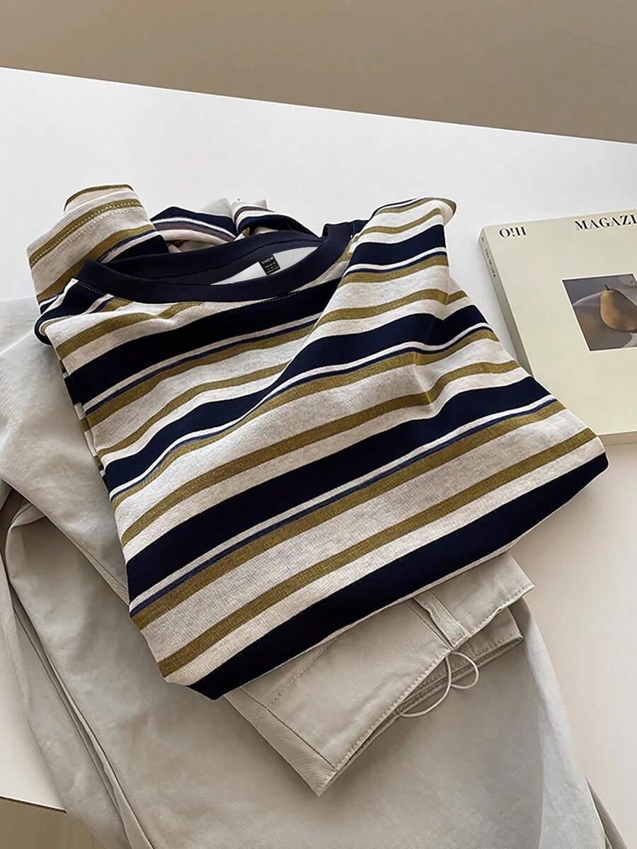 INAWLY 女士条纹圆领休闲宽松衬衫 - 橄欖綠 - 查看 1