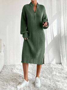 EURMUSE Women Knit Sweater Dress With Zipper Detail - Green - View 6