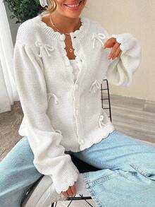 EURMUSE Solid Color Round Neck Bow Decor Front Button Long Sleeve Sweater