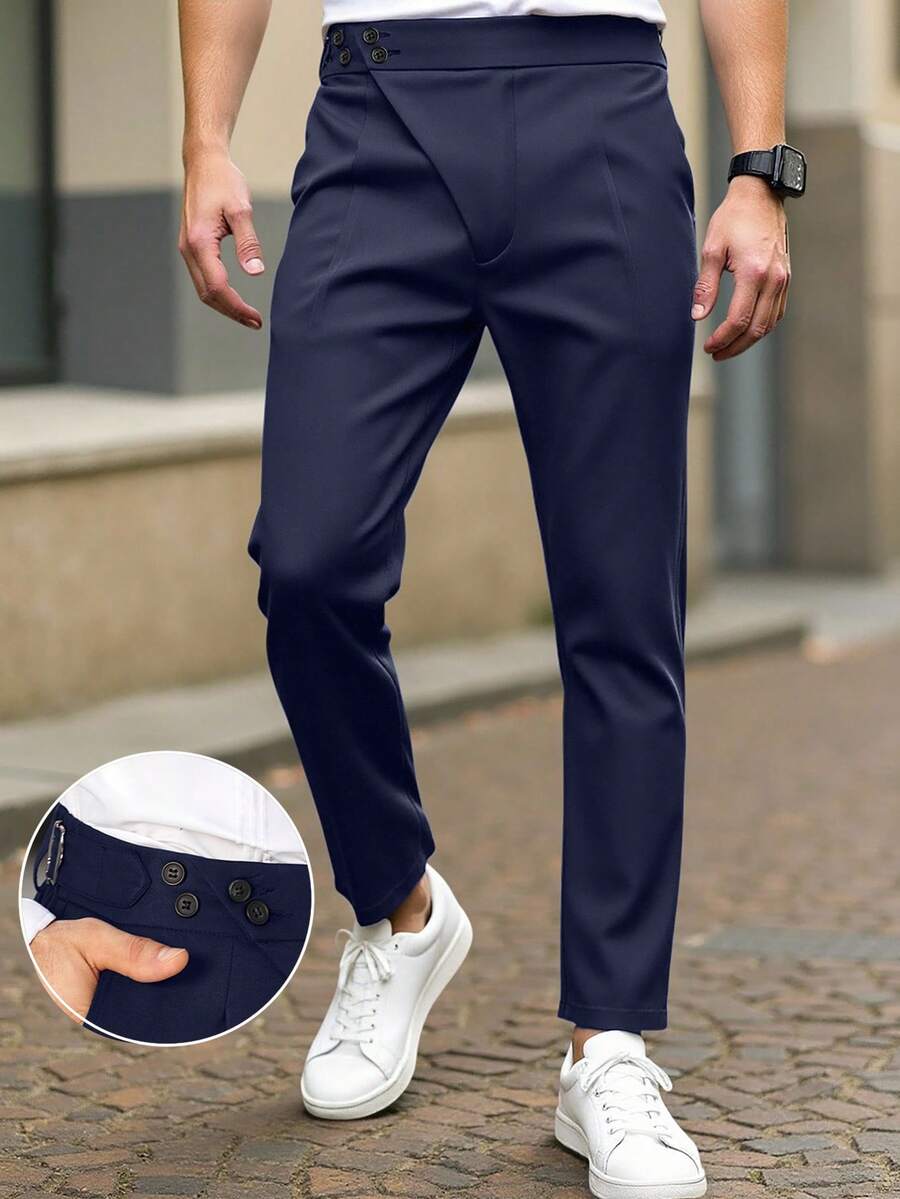 Manfinity Bizformal 男士定制正装裤，独特不对称门襟设计，专为品味卓越的绅士打造 - 藏蓝色 - 查看 1