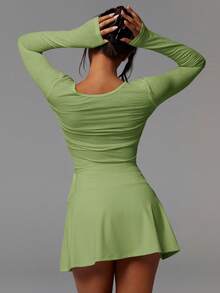 Athîral Women's V-Neck Criss-Cross Wrap Fitted Long Sleeve Top,Light Green Top - Green - View 2