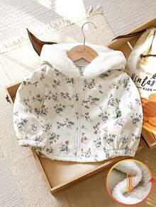 SHEIN Vintaside Kids Baby Girl Floral Print Zip-Up Hooded Padded Warm Coat, Fashionable And Stylish For Winter