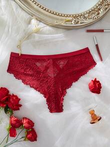 Plus Size Women Backless Lace Sexy G-String Thong Panties Plus Size Cheeky Panties Plus Size Lingerie Lace Panties Plus Size Cut Out Panties Plus Size High Waisted Lace Panties Plus Size - Burgundy - View 2