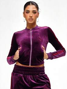 BABYPHAT جاكيت رياضية مزودة بسحاب كامل من القطيفة البنفسجية مع أكمام طويلة وتفاصيل شعار مطرز للارتداء الكاجوال في الشتاء - الأرجواني - مشاهدة 4