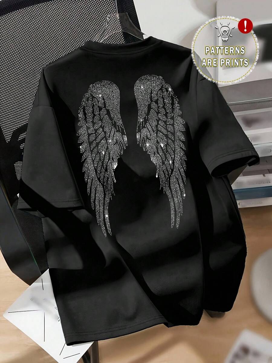 SHEIN Camiseta de manga corta de cuello redondo holgada con alas de strass para mujer, para verano - Negro - Ver 1