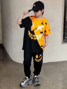 SHEIN 2件套儿童/青少年男童休闲日常舒适印花圆领宽松套头短袖T恤和长裤针织套装 - 彩色 - 查看 5