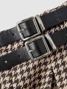 SHEIN MOD 千鸟格纹褶裥低腰迷你裙，配两条腰带，学院风，灵感源自复古富贵美学，完美适用于办公室和通勤，Y2K风格，也适合约会、派对、皇家风范、节日和生日等场合穿着。 - 彩色 - 查看 3