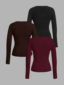 SHEIN EZwear Bộ 3 áo thun dài tay ôm dáng cổ chữ V sâu dành cho nữ, màu đen/nâu đậm/đỏ rượu vang, áo dài tay ôm dáng mùa thu/đông xuân. - Nhiều màu - Xem 2