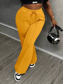 Slaydiva Women's Solid Color Pocket Drawstring Waist Casual Loose Sweatpants - Mustard Yellow - View 3