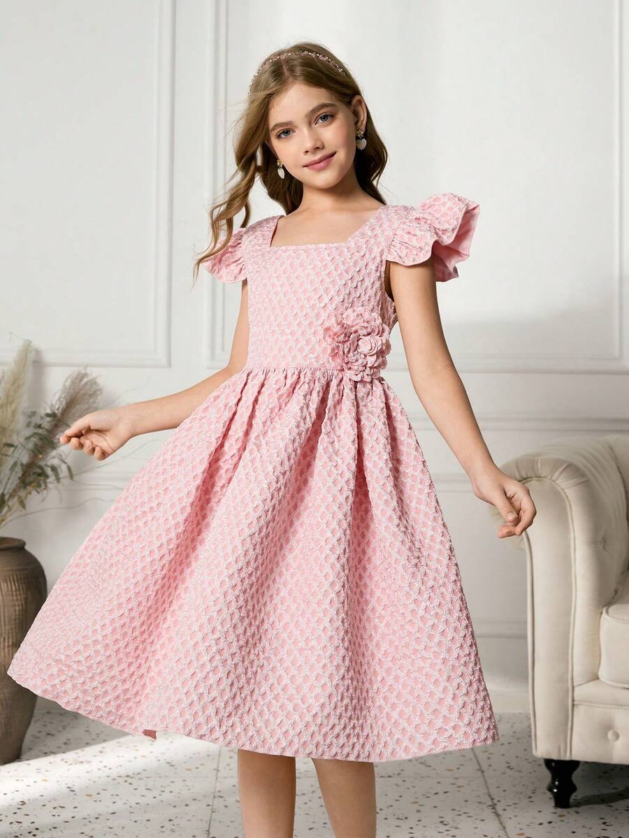 Tween Girls' Textured Pink Square Neck Dress - Pink - View 1