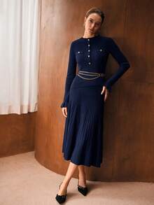 MOTF PREMIUM 2PCS WOOL BLEND FITTED TOP & A-LINE MIDI SKIRT SWEATER SET, AUTUMN/WINTER - Navy Blue - View 5