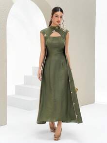 Al Najma Women's Floral Embroidered Mock Neck Elegant Arabic Dress - Green - View 3