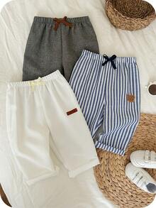 3pcs/Set Baby Boy Casual Versatile Striped Cartoon Pattern Elastic Waist Pants, Suitable For Birthday Party, Rave, Evening Party, Performance, Wedding, Baby's 1st Month, Christening, 1st Birthday Celebration, Wedding Guest, Baby Shower Christening Outfit Toddler Striped Pants Long Baby Pants For Boys Baby Boy Plain Pants Baby Boy Striped Pants