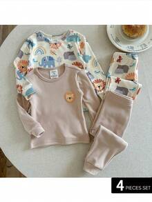 Pixure   Snug Fit 4pcs Baby Boy Knitted Cute Animal Pattern Round Neck Bodysuit & Pants Pajama Set, Toddler Sleep Wear Pajama Baby Set Neutral Baby Clothes Unisex - Multicolor - View 3