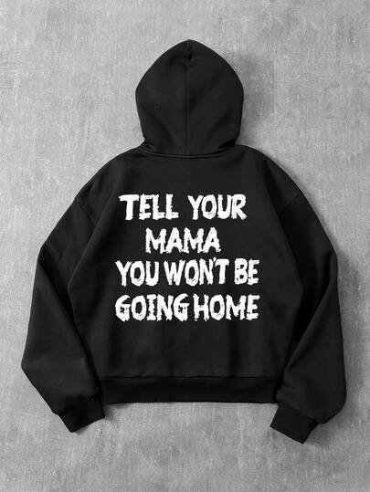 Manfinity ZONE917 ZONE917 Cropped Loose Distressed Meaningful Slogan "Telling Mom I'm Not Coming Home Tonight" Graphic Black Oversized Loose Drop Shoulder Hoodie