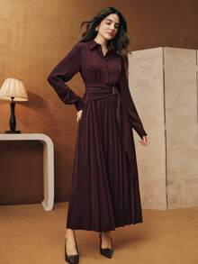 Anewsta 春秋新款紫红色母亲节休闲Polo领褶皱连衣裙，腰部系带，长袖女式长裙 - 棕色 - 查看 5