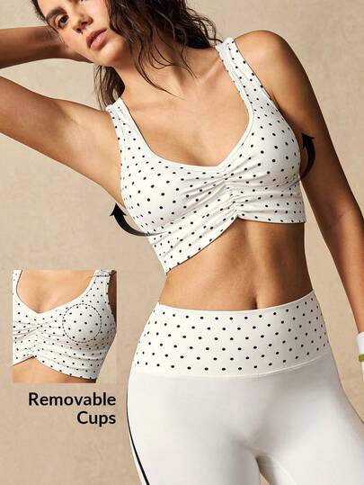 VARSIVA Conjunto deportivo de top deportivo con busto fruncido y estampado de lunares y leggings de cintura alta con ribete de contraste