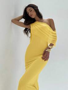 Aloruh Váy suông cổ lệch màu thanh lịch cho nữ - Vàng nhạt - Xem 7