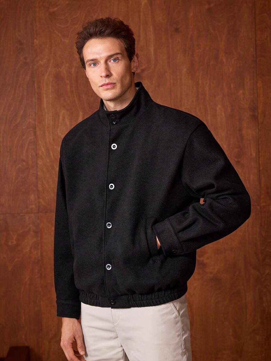 Officeau 男士高品质羊毛混纺立领夹克，时尚休闲外套，秋冬款 - 黑色 - 查看 1