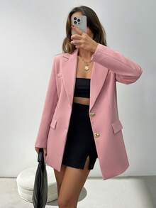 SHEIN Women's Simple Solid Color Peak Collar Metal Heart Placket Blazer, Suitable For Work And Commute - Baby Pink - View 7