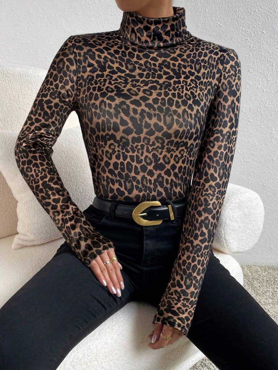 SHEIN Frenchy 女士豹纹高领修身长袖T恤，适合日常穿着、休闲和度假，欧洲度假必备 - 棕色 - 查看 1