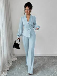 Elenzga 女士优雅休闲通勤度假下午茶聚会纯色不对称交叉领灯笼袖西装外套，搭配松紧腰A字裤套装，适合春、秋、冬季穿着。 - 淺藍色 - 查看 3