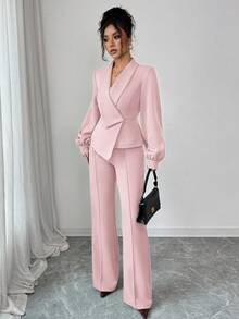 Elenzga Ensemble femme élégant et décontracté pour le travail, les vacances, le thé de l'après-midi. Comprend un blazer asymétrique à col croisé avec manches lanternes et un pantalon évasé à taille élastique. Convient pour le printemps, l'automne et l'hiver. - Rose pâle - Voir 8