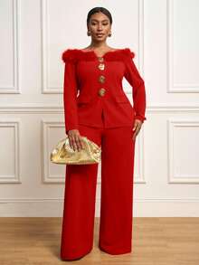 Veslaya 2025 Autumn/Winter New Elegant Vintage Romantic Bohemian Classic Sexy Retro Style Women's Daily Wear, Date, Outing, Party, Avant-Garde Solid Black Off Shoulder Fuzzy Blazer And Wide-Leg Pants 2-Piece Set, Plus Size - Red - View 7