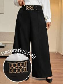 Vionelle Plus Size Women Elegant Casual Solid Color Decorative Belt Loose Wide Leg Pants High Waist Pants Belted High Waist Pants Belt Pants Elegant Pants For Women Gold Chain Belt Petite Wide Leg Pants Pallazo Pants Women Palazzo Pants Women - Black - View 4