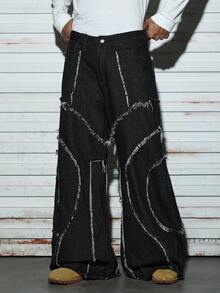 Modcrash 1件日式拼接刺绣流苏宽松阔腿牛仔裤，做旧宽松长裤，男士款（不含腰带和配饰），春夏款，复古美式，男女皆宜，休闲夏季服装——适合日常穿着和夏季度假穿着。 - 黑色 - 查看 2