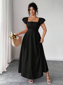 Elenzga 大码女式蝴蝶结前襟荷叶袖方领修身腰身优雅休闲连衣裙 - 黑色 - 查看 8