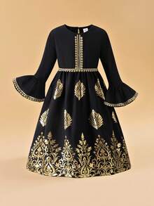 1 pieza Vestido maxi con cuello redondo, manga acampanada y estampado metálico para niñas, primavera/otoño - Negro - Ver 7