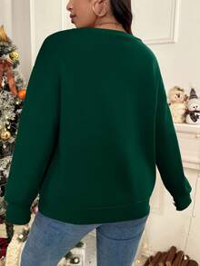 SHEIN VCAY Plus Size Christmas Cartoon Print Sweatshirt In Fall/Winter - Army Green - View 2