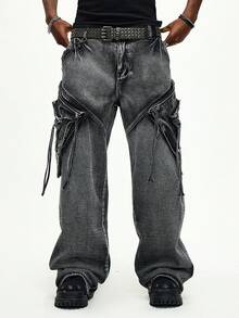 ROMWE MEN Street Life Spring Casual Graphic Men'S 3D Pocket Loose Fit Cargo Jeans - Grey - View 4