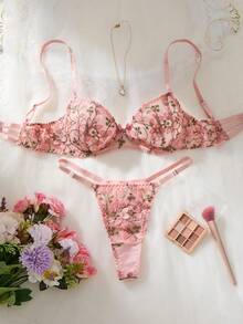 2pcs Women Classic Dark Embroidery Underwire Push Up Bra & Panty Set, Adjustable Straps