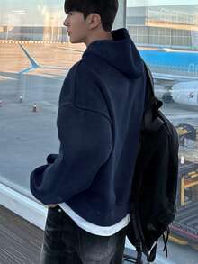 DAZY 男士保暖连帽衫，带字母刺绣，藏蓝色，秋冬款 - 藏蓝色 - 查看 5