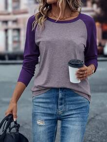 EMERY ROSE Colorblock Raglan Sleeve Tee Graphic Tees Women Tops - Purple - View 6