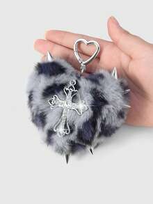 ROMWE Kawaii 1件Y2K复古朋克风高端灰色仿毛皮动物纹铆钉3D心形水晶镂空十字架DIY钥匙扣包饰，适合女性日常佩戴，节日礼物 - 灰色-43 - 查看 4