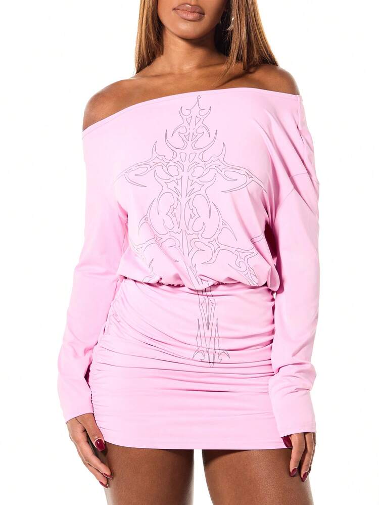 SUMWON Off Shoulder Graphic Mini Dress Long Sleeve Ruched Bodycon Baroque Print Pink Spring Summer Party