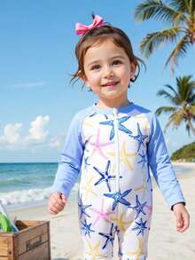 Sparklyn Infant/Baby GirlBeach Holiday Style Printed One-Piece Long Sleeve Swimsuit, Suitable For Vacation And Pool Play Toddler Swimsuit Toddler Beach Wear Toddler Long Sleeve Swimsuit Toddler Rash Guard Girl Summer Vacation Thermal Christmas Holiday Festival New Years Valentines Swim Toddler Girl Rash Guard